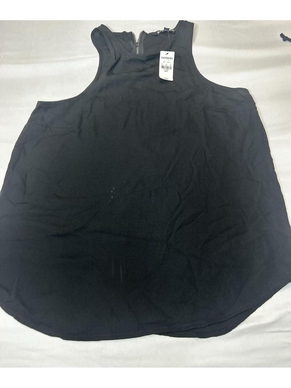 NWT Express S/P Black Sleeveless Blouse Scoop Neck Zip Back Curved Hem Top